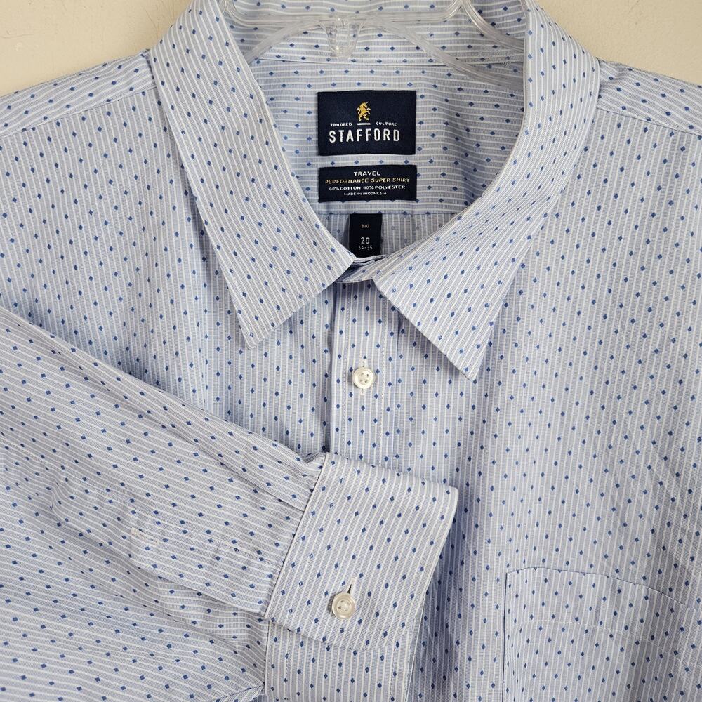 Stafford Mens Performance Super Dress Shirt Sz 20 34-35 Travel print Light Blue